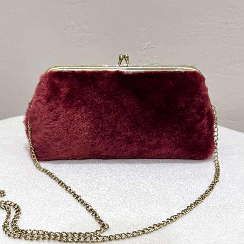 Burgundy Real Shearling Leather Kisslock Clutch/Cosmetic Case/Phone Case